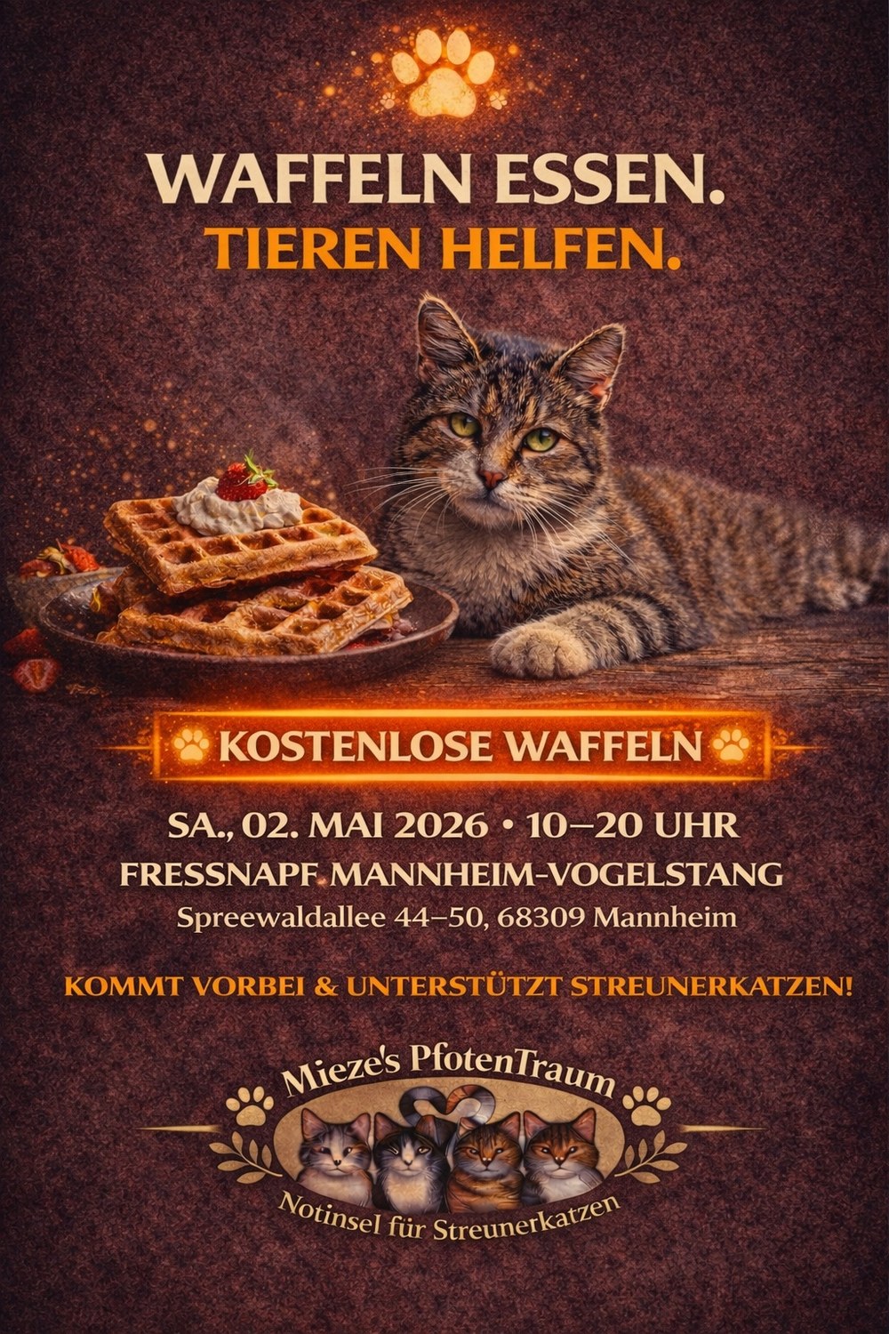 Veranstaltungsplakat: Waffel Event, Fressnapf Mannheim Vogelstang – Tierschutzverein Mieze's PfotenTraum
